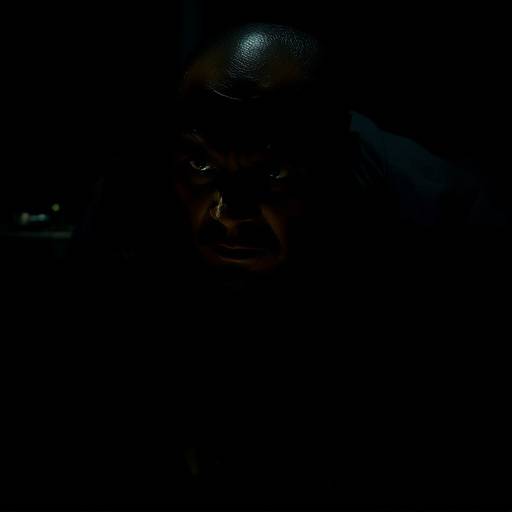 Cena de suspense com sombras e um personagem tenso